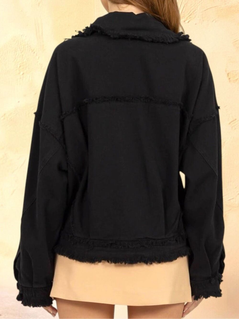 Black Oversized Raw Hem Denim Shacket Jacket Frayed Trucker Button Up HYFVE L - Picture 14 of 15